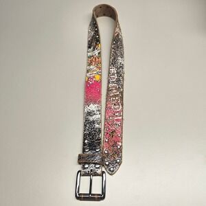 Ed Hardy Y2K Tattoo Graphic Leather Belt Medium Rhinestone Streetwear Distressed